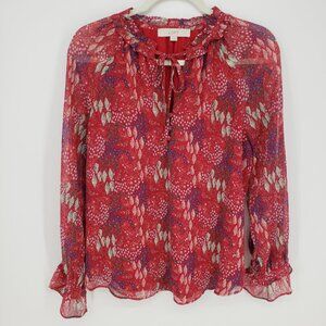 LOFT Abstract Floral Print Blouse Top S Long Sleeves Ruffle Trim Red Blue